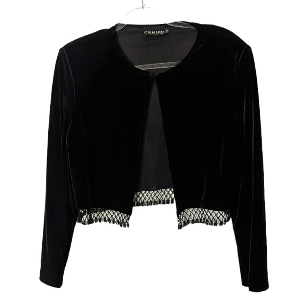 Vintage 90's Crimson Black Velvet Cropped Open Front Bolero Cardigan Bead Trim
